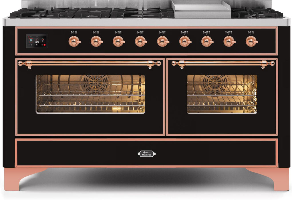 ILVE Majestic II 60" Dual Fuel Natural Gas Range in Glossy Black with Copper Trim, UM15FDNS3BKP