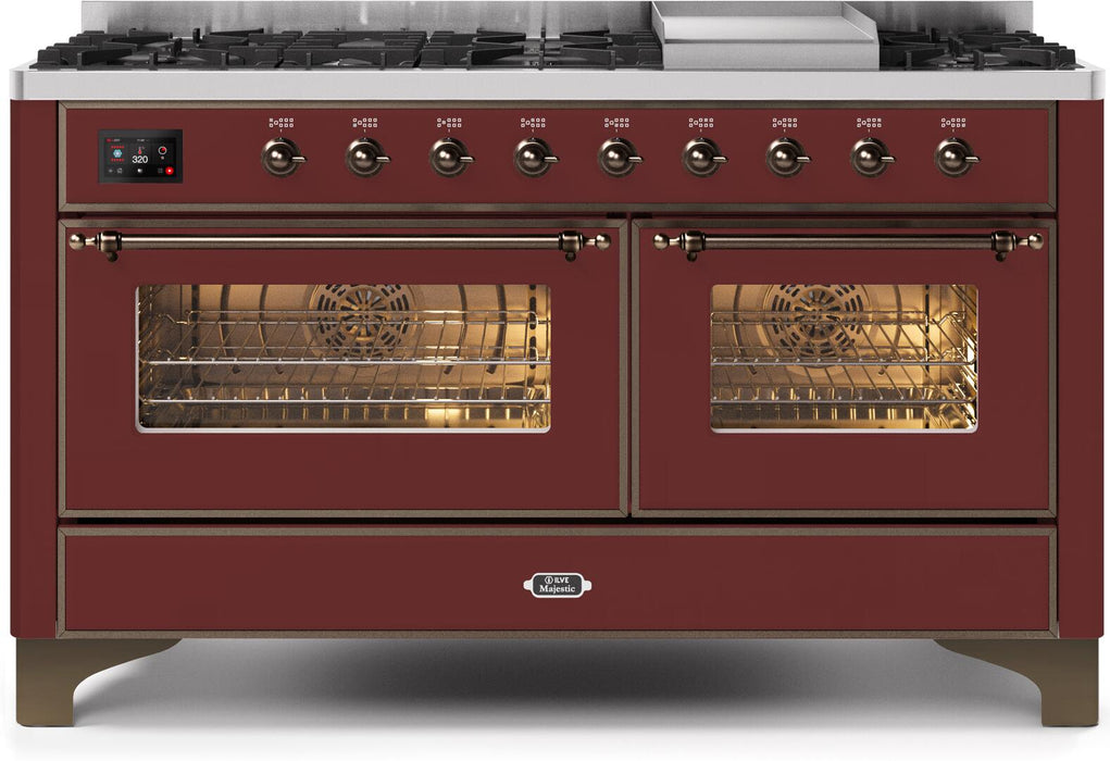 ILVE Majestic II 60" Dual Fuel Propane Gas Range in Burgundy with Bronze Trim, UM15FDNS3BUBLP