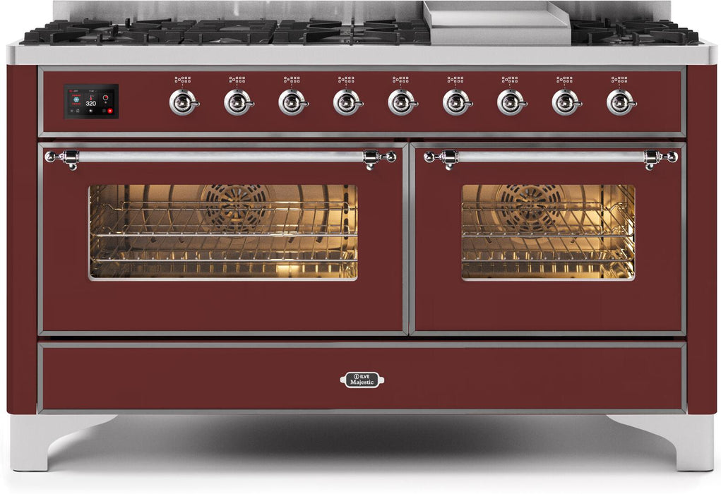 ILVE Majestic II 60" Dual Fuel Natural Gas Range in Burgundy with Chrome Trim, UM15FDNS3BUC