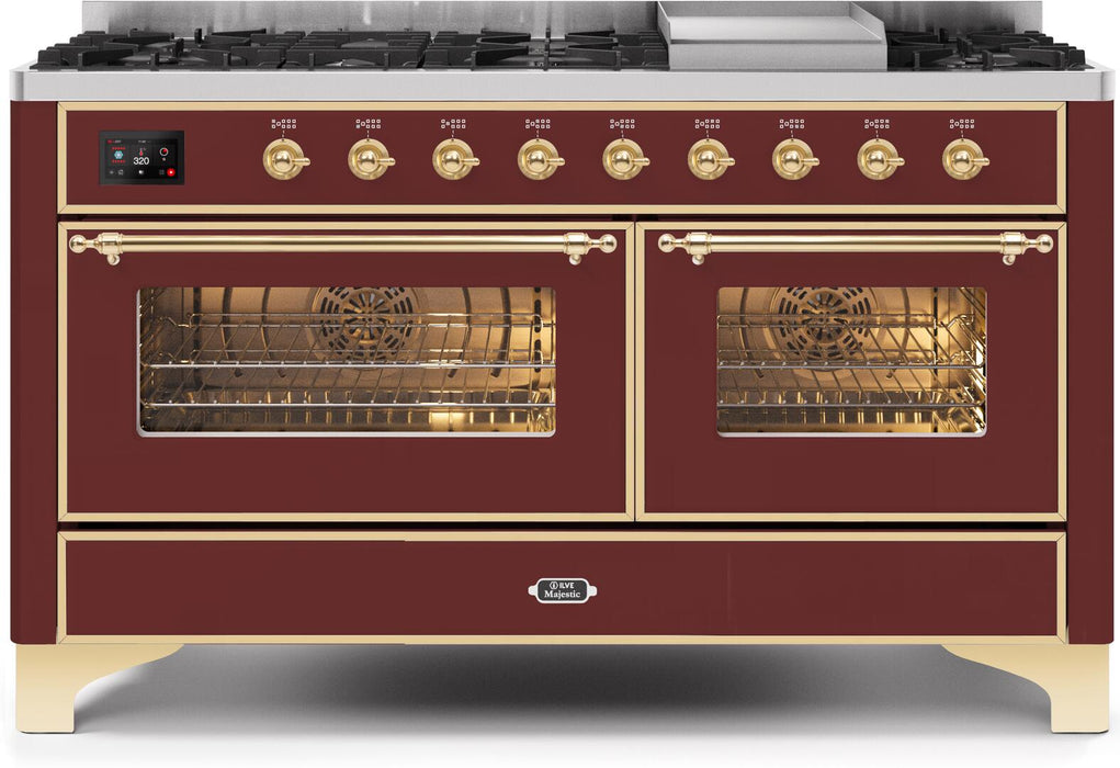 ILVE Majestic II 60" Dual Fuel Propane Gas Range in Burgundy with Brass Trim, UM15FDNS3BUGLP