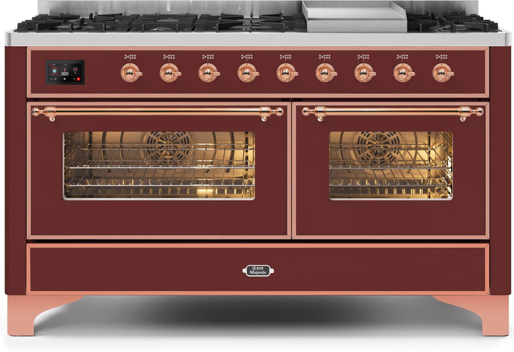 ILVE Majestic II 60" Dual Fuel Propane Gas Range in Burgundy with Copper Trim, UM15FDNS3BUPLP