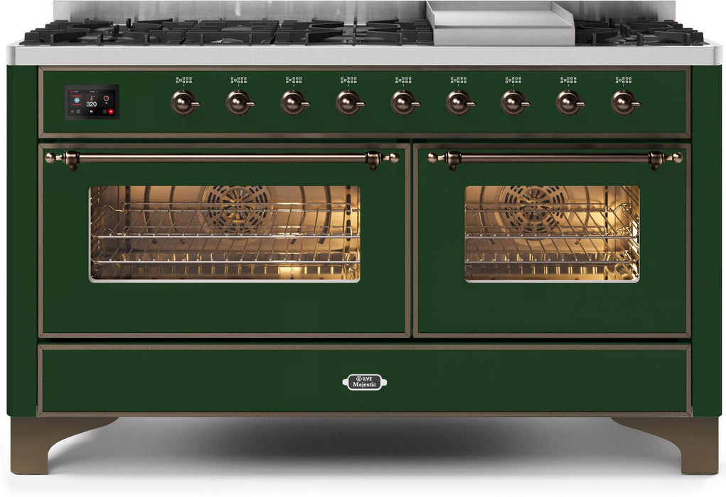 ILVE Majestic II 60" Dual Fuel Propane Gas Range in Emerald Green with Bronze Trim, UM15FDNS3EGBLP