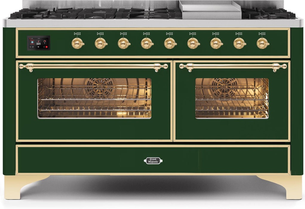 ILVE Majestic II 60" Dual Fuel Propane Gas Range in Emerald Green with Brass Trim, UM15FDNS3EGGLP