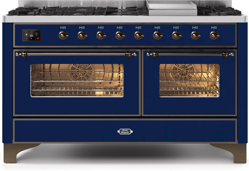 ILVE Majestic II 60" Dual Fuel Propane Gas Range in Blue with Bronze Trim, UM15FDNS3MBBLP