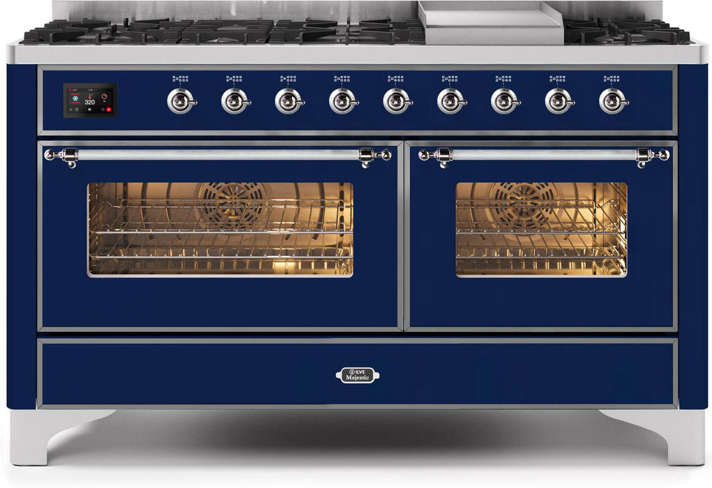 ILVE Majestic II 60" Dual Fuel Propane Gas Range in Blue with Chrome Trim, UM15FDNS3MBCLP