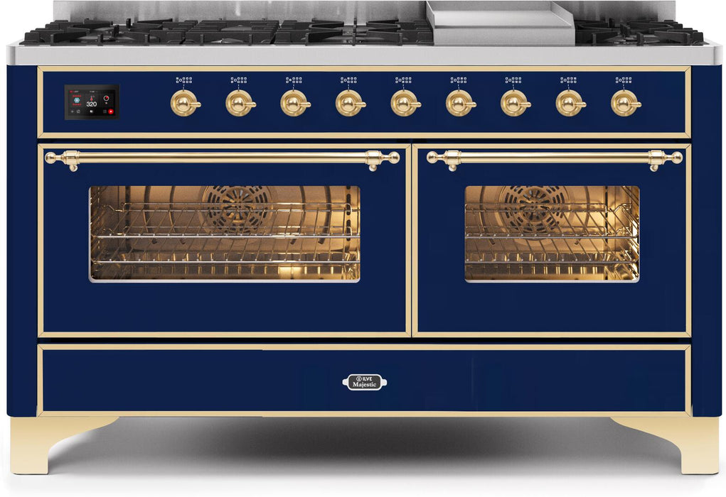 ILVE Majestic II 60" Dual Fuel Propane Gas Range in Blue with Brass Trim, UM15FDNS3MBGLP