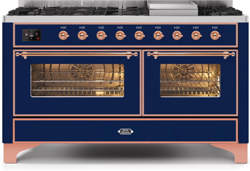 ILVE Majestic II 60" Dual Fuel Propane Gas Range in Blue with Copper Trim, UM15FDNS3MBPLP