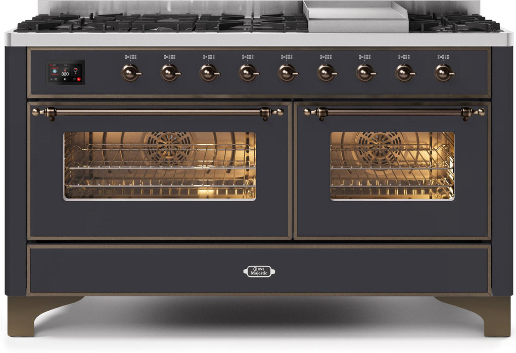 ILVE Majestic II 60" Dual Fuel Propane Gas Range in Matte Graphite with Bronze Trim, UM15FDNS3MGBLP