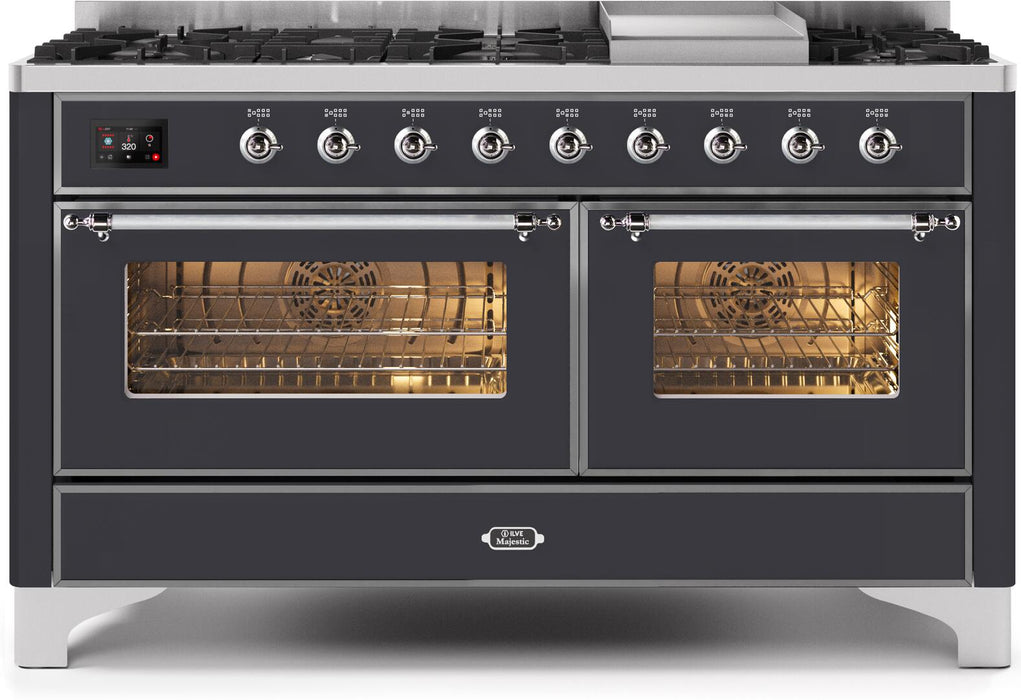 ILVE Majestic II 60" Dual Fuel Propane Gas Range in Matte Graphite with Chrome Trim, UM15FDNS3MGCLP