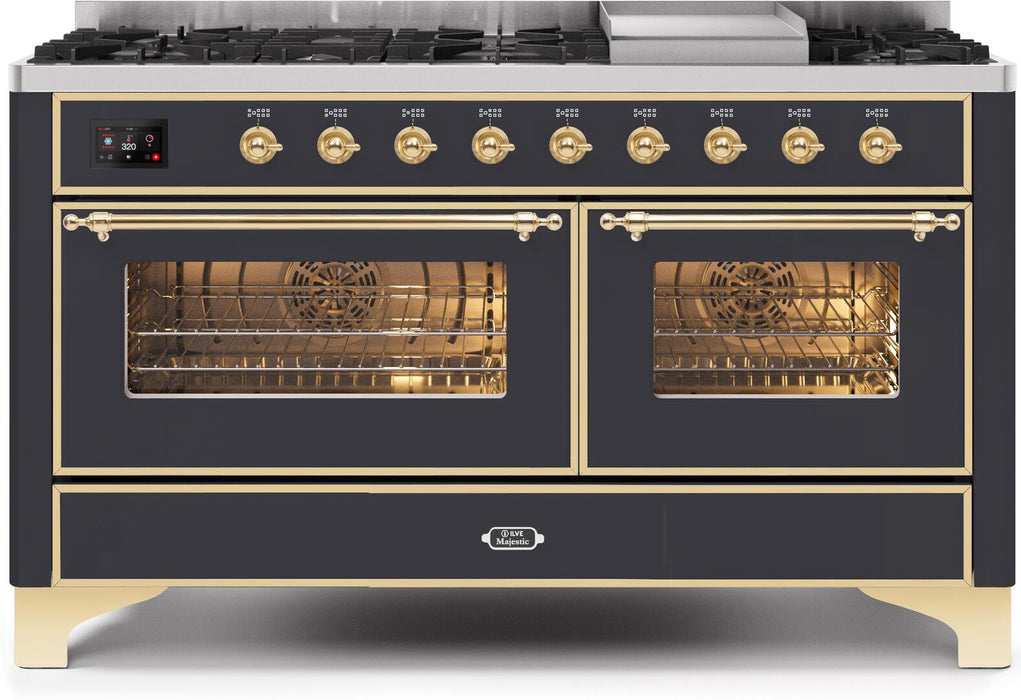 ILVE Majestic II 60" Dual Fuel Propane Gas Range in Matte Graphite with Brass Trim, UM15FDNS3MGGLP