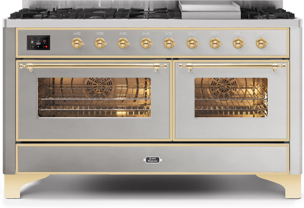 ILVE Majestic II 60" Dual Fuel Natural Gas Range in Stainless Steel with Brass Trim, UM15FDNS3SSG