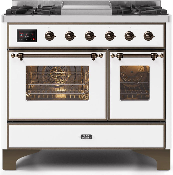 ILVE Majestic II 40" Dual Fuel Natural Gas Range in White with Bronze Trim, UMD10FDNS3WHB