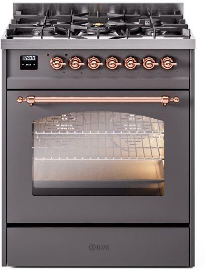 ILVE Nostalgie II 30" Dual Fuel Propane Gas Range in Matte Graphite with Copper Trim, UP30NMPMGPLP