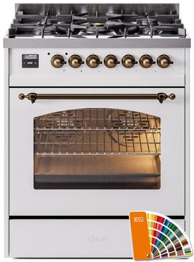 ILVE Nostalgie II 30" Dual Fuel Propane Gas Range in RAL Custom Color with Bronze Trim, UP30NMPRABLP