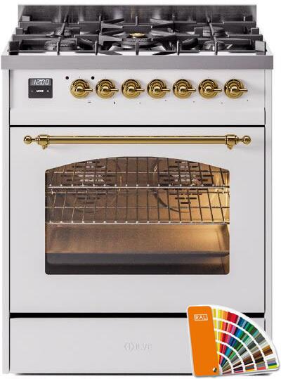 ILVE Nostalgie II 30" Dual Fuel Propane Gas Range in RAL Custom Color with Brass Trim, UP30NMPRAGLP