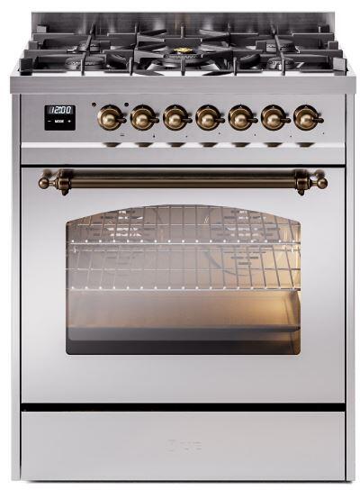 ILVE Nostalgie II 30" Dual Fuel Propane Gas Range in Stainless Steel with Bronze Trim, UP30NMPSSBLP