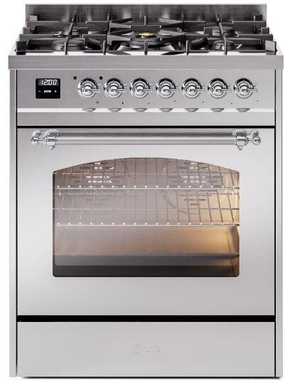 ILVE Nostalgie II 30" Dual Fuel Natural Gas Range in Stainless Steel with Chrome Trim, UP30NMPSSC