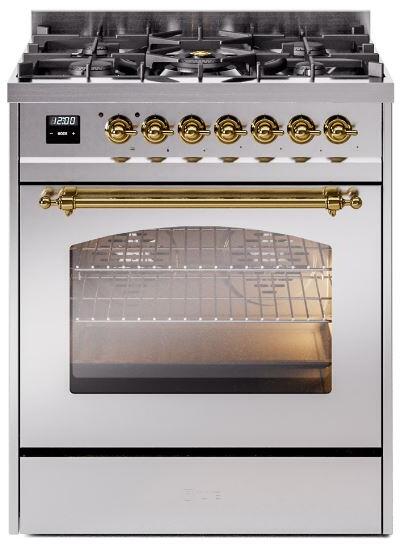 ILVE Nostalgie II 30" Dual Fuel Propane Gas Range in Stainless Steel with Brass Trim, UP30NMPSSGLP