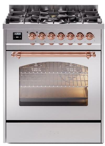 ILVE Nostalgie II 30" Dual Fuel Natural Gas Range in Stainless Steel with Copper Trim, UP30NMPSSP