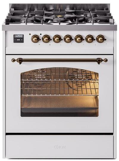 ILVE Nostalgie II 30" Dual Fuel Natural Gas Range in White with Bronze Trim, UP30NMPWHB