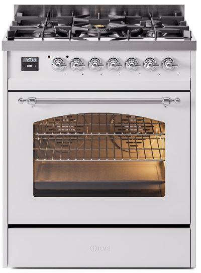 ILVE Nostalgie II 30" Dual Fuel Propane Gas Range in White with Chrome Trim, UP30NMPWHCLP