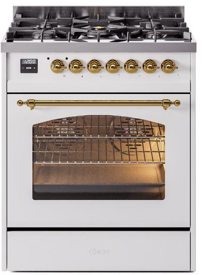 ILVE Nostalgie II 30" Dual Fuel Propane Gas Range in White with Brass Trim, UP30NMPWHGLP