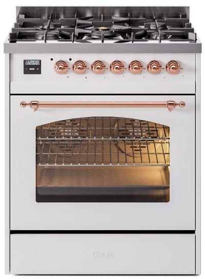 ILVE Nostalgie II 30" Dual Fuel Propane Gas Range in White with Copper Trim, UP30NMPWHPLP