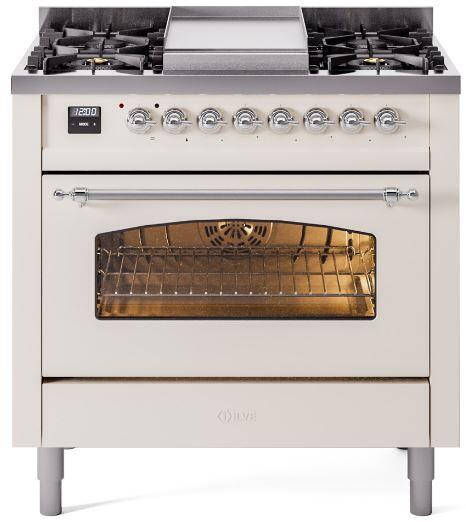 ILVE Nostalgie II 36" Dual Fuel Propane Gas Range in Antique White with Chrome Trim, UP36FNMPAWCLP