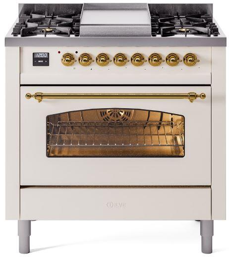 ILVE Nostalgie II 36" Dual Fuel Propane Gas Range in Antique White with Brass Trim, UP36FNMPAWGLP