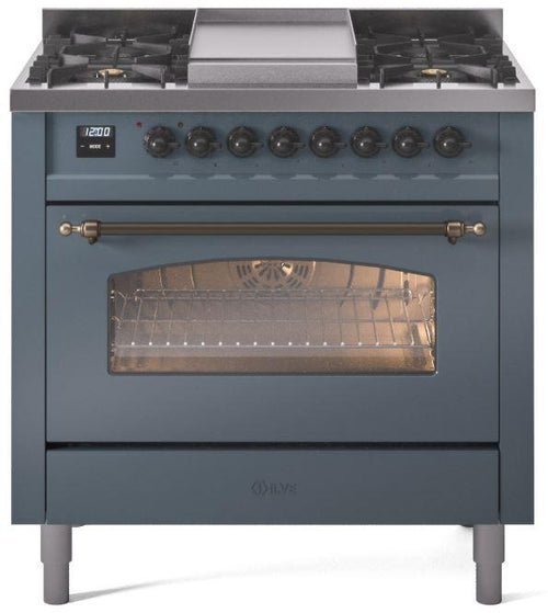 ILVE Nostalgie II 36" Dual Fuel Propane Gas Range in Blue Grey with Bronze Trim, UP36FNMPBGBLP