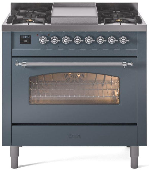 ILVE Nostalgie II 36" Dual Fuel Propane Gas Range in Blue Grey with Chrome Trim, UP36FNMPBGCLP