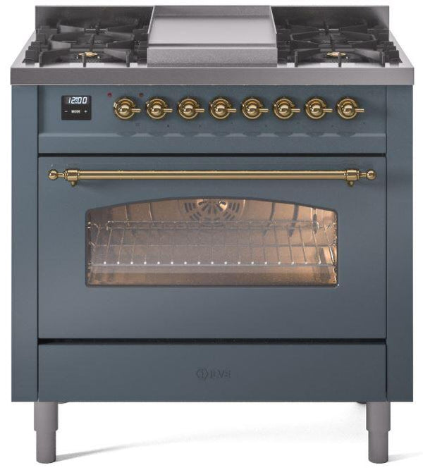 ILVE Nostalgie II 36" Dual Fuel Propane Gas Range in Blue Grey with Brass Trim, UP36FNMPBGGLP