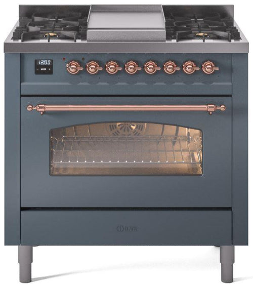 ILVE Nostalgie II 36" Dual Fuel Propane Gas Range in Blue Grey with Copper Trim, UP36FNMPBGPLP