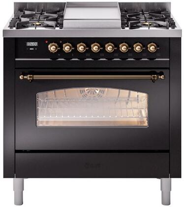 ILVE Nostalgie II 36" Dual Fuel Natural Gas Range in Glossy Black with Bronze Trim, UP36FNMPBKB