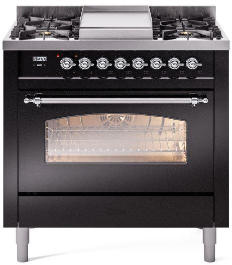 ILVE Nostalgie II 36" Dual Fuel Propane Gas Range in Glossy Black with Chrome Trim, UP36FNMPBKCLP