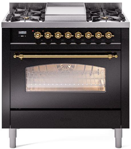 ILVE Nostalgie II 36" Dual Fuel Natural Gas Range in Glossy Black with Brass Trim, UP36FNMPBKG