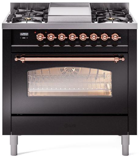 ILVE Nostalgie II 36" Dual Fuel Natural Gas Range in Glossy Black with Copper Trim, UP36FNMPBKP