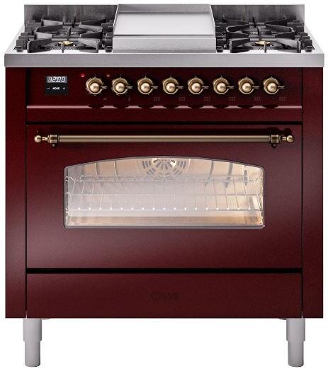 ILVE Nostalgie II 36" Dual Fuel Propane Gas Range in Burgundy with Bronze Trim, UP36FNMPBUBLP