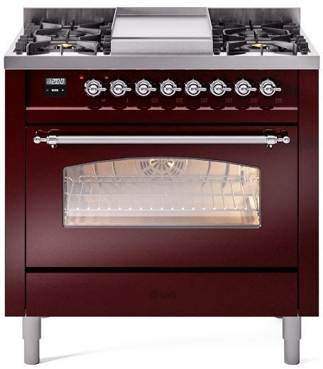 ILVE Nostalgie II 36" Dual Fuel Propane Gas Range in Burgundy with Chrome Trim, UP36FNMPBUCLP