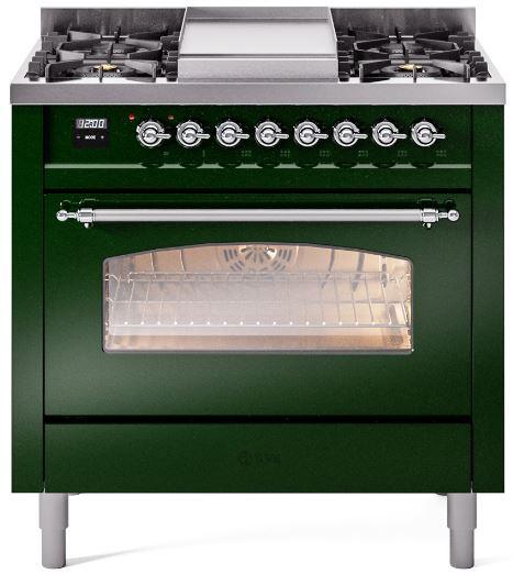 ILVE Nostalgie II 36" Dual Fuel Natural Gas Range in Emerald Green with Chrome Trim, UP36FNMPEGC