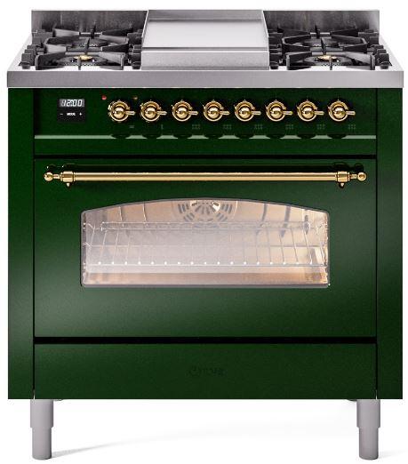 ILVE Nostalgie II 36" Dual Fuel Natural Gas Range in Emerald Green with Brass Trim, UP36FNMPEGG