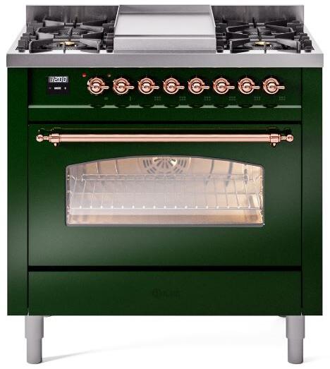 ILVE Nostalgie II 36" Dual Fuel Natural Gas Range in Emerald Green with Copper Trim, UP36FNMPEGP