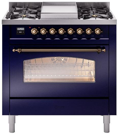 ILVE Nostalgie II 36" Dual Fuel Propane Gas Range in Blue with Bronze Trim, UP36FNMPMBBLP