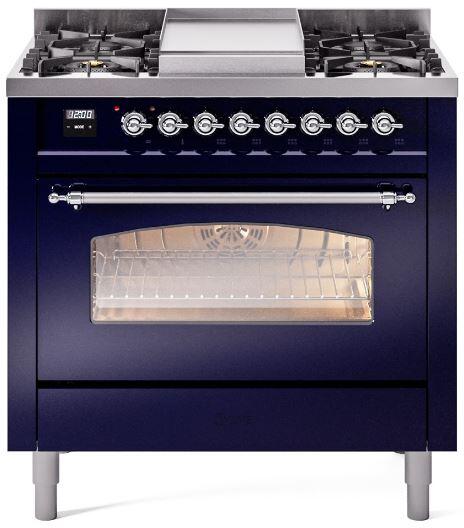 ILVE Nostalgie II 36" Dual Fuel Propane Gas Range in Blue with Chrome Trim, UP36FNMPMBCLP