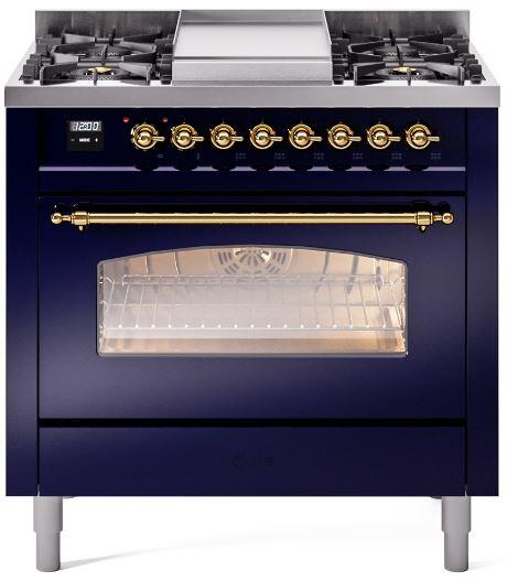 ILVE Nostalgie II 36" Dual Fuel Propane Gas Range in Blue with Brass Trim, UP36FNMPMBGLP