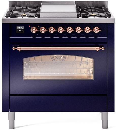 ILVE Nostalgie II 36" Dual Fuel Propane Gas Range in Blue with Copper Trim, UP36FNMPMBPLP