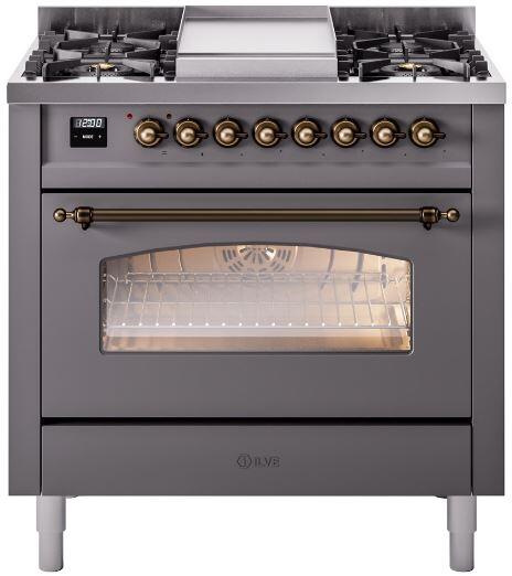 ILVE Nostalgie II 36" Dual Fuel Propane Gas Range in Matte Graphite with Bronze Trim, UP36FNMPMGBLP