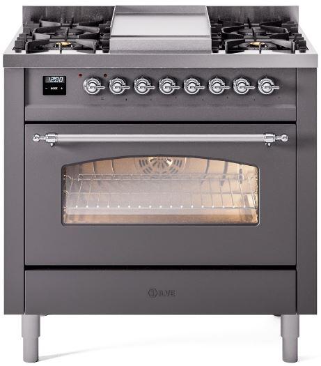 ILVE Nostalgie II 36" Dual Fuel Propane Gas Range in Matte Graphite with Chrome Trim, UP36FNMPMGCLP