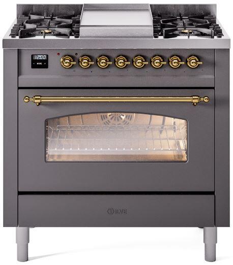 ILVE Nostalgie II 36" Dual Fuel Natural Gas Range in Matte Graphite with Brass Trim, UP36FNMPMGG