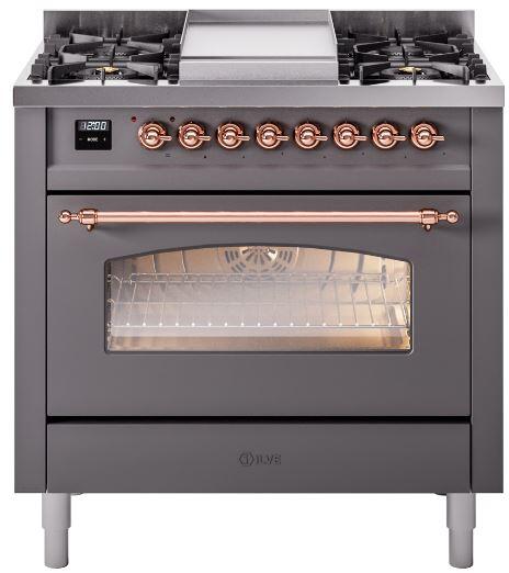 ILVE Nostalgie II 36" Dual Fuel Natural Gas Range in Matte Graphite with Copper Trim, UP36FNMPMGP